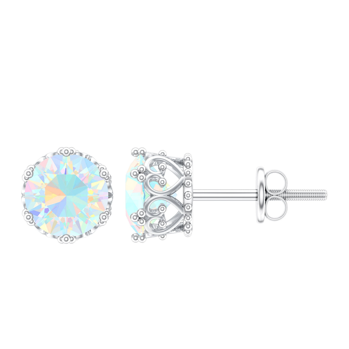Natural Ethiopian Opal crown stud earrings with screw back, crafted by Rosec Jewels, featuring vibrant opal gemstones in a regal design.