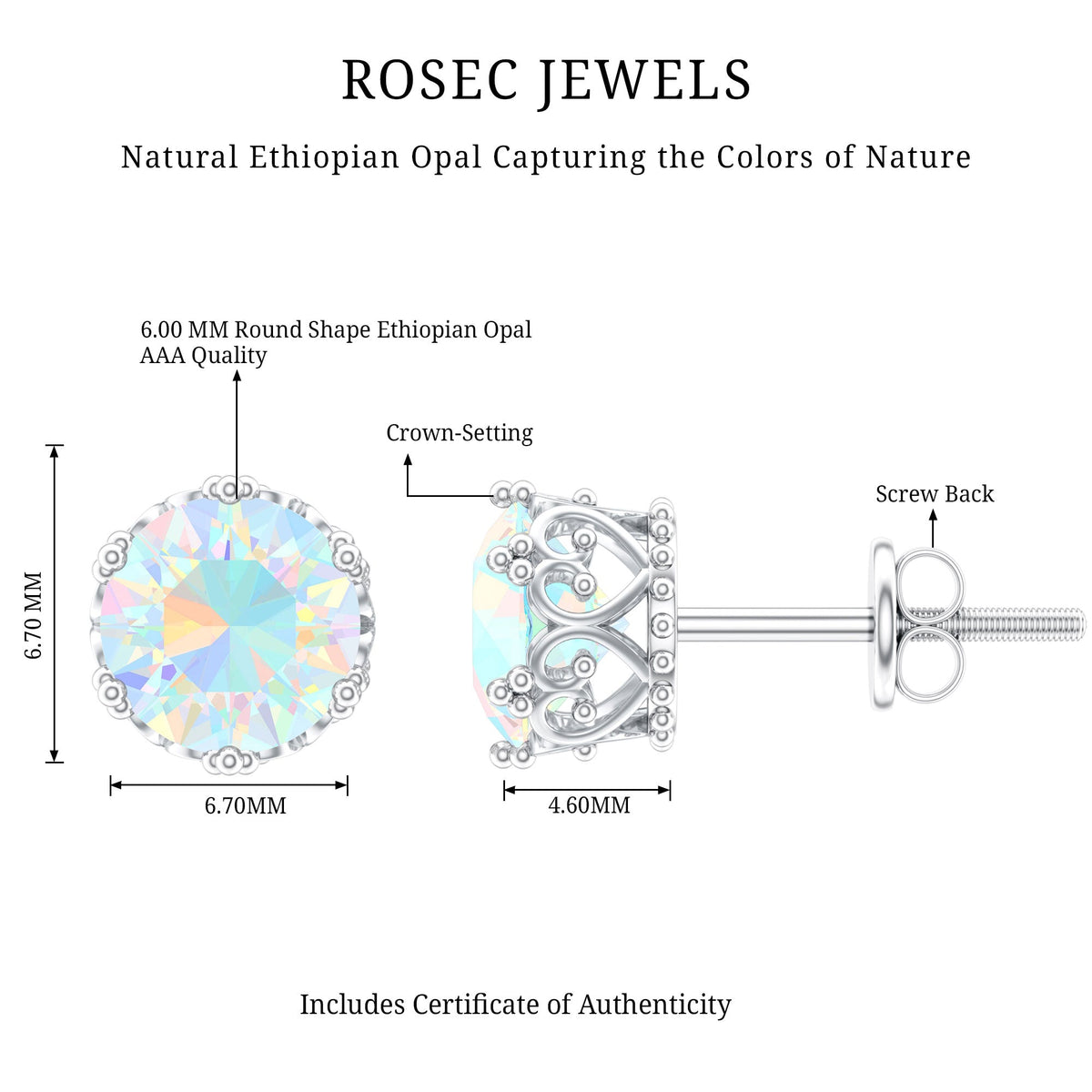 Natural Ethiopian Opal crown stud earrings with screw back by Rosec Jewels, showcasing sparkling opal stones and elegant crown design.