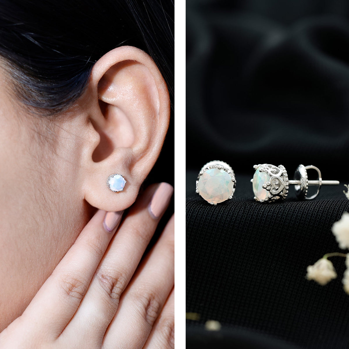 Natural Ethiopian Opal Crown Stud Earrings with screw back by Rosec Jewels, featuring vibrant opal gemstones and elegant crown design