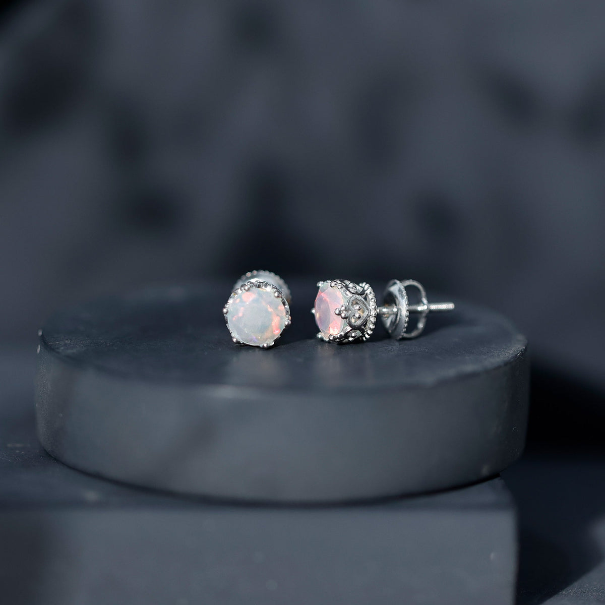 Natural Ethiopian Opal crown stud earrings with screw back, elegant jewelry by Rosec Jewels, featuring vibrant opal gemstones.
