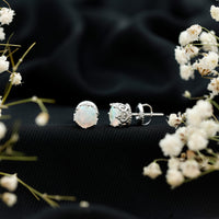 Natural Ethiopian Opal crown stud earrings with screw back from Rosec Jewels, showcasing elegant gemstone designs and secure fastening.