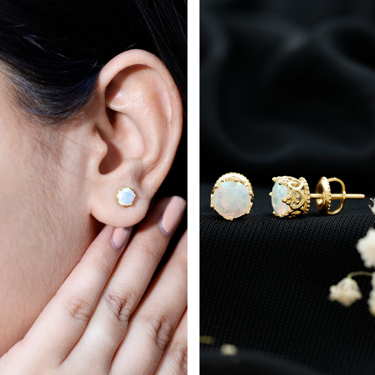 Natural Ethiopian Opal crown stud earrings with screw back, showcasing vibrant opal gemstones and elegant gold settings.