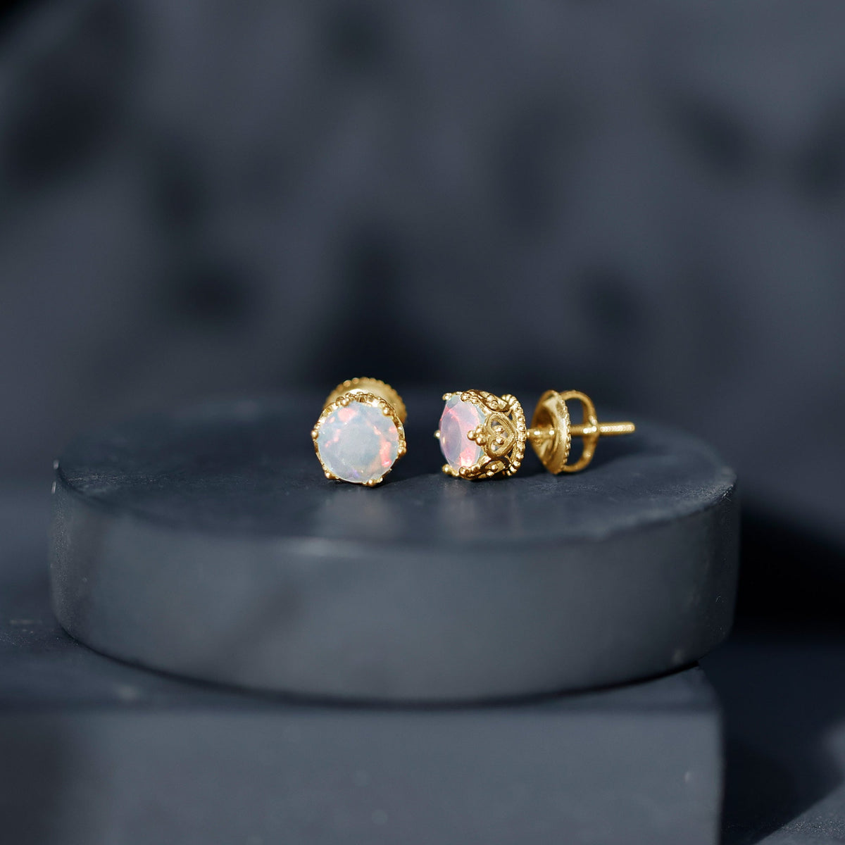 Natural Ethiopian Opal crown stud earrings with screw back by Rosec Jewels, showcasing sparkling opal gemstones and intricate gold settings.