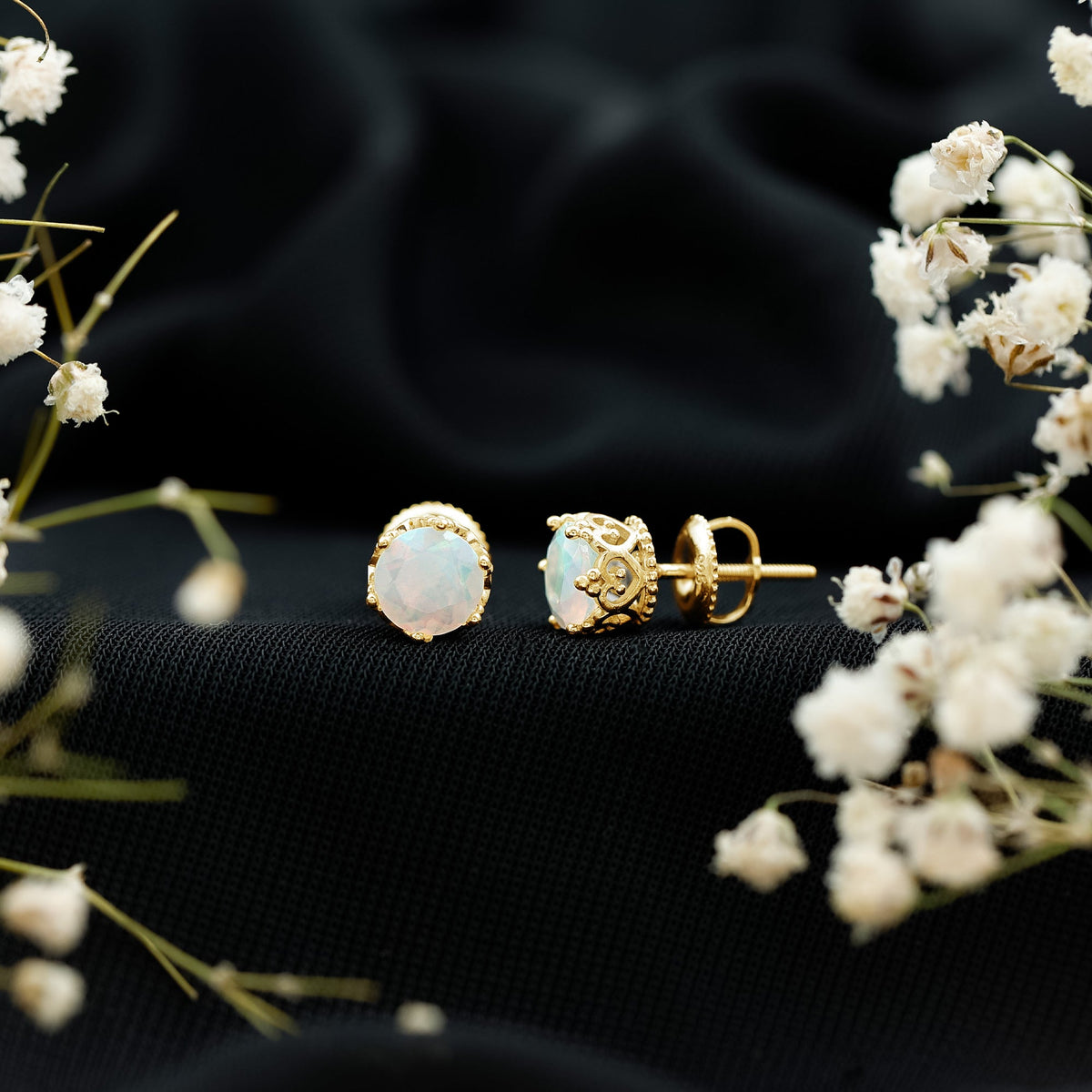 Natural Ethiopian Opal crown stud earrings with screw back, featuring vibrant opal gemstones and elegant gold setting by Rosec Jewels