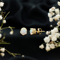 Natural Ethiopian Opal crown stud earrings with screw back, featuring vibrant opal gemstones and elegant gold setting by Rosec Jewels
