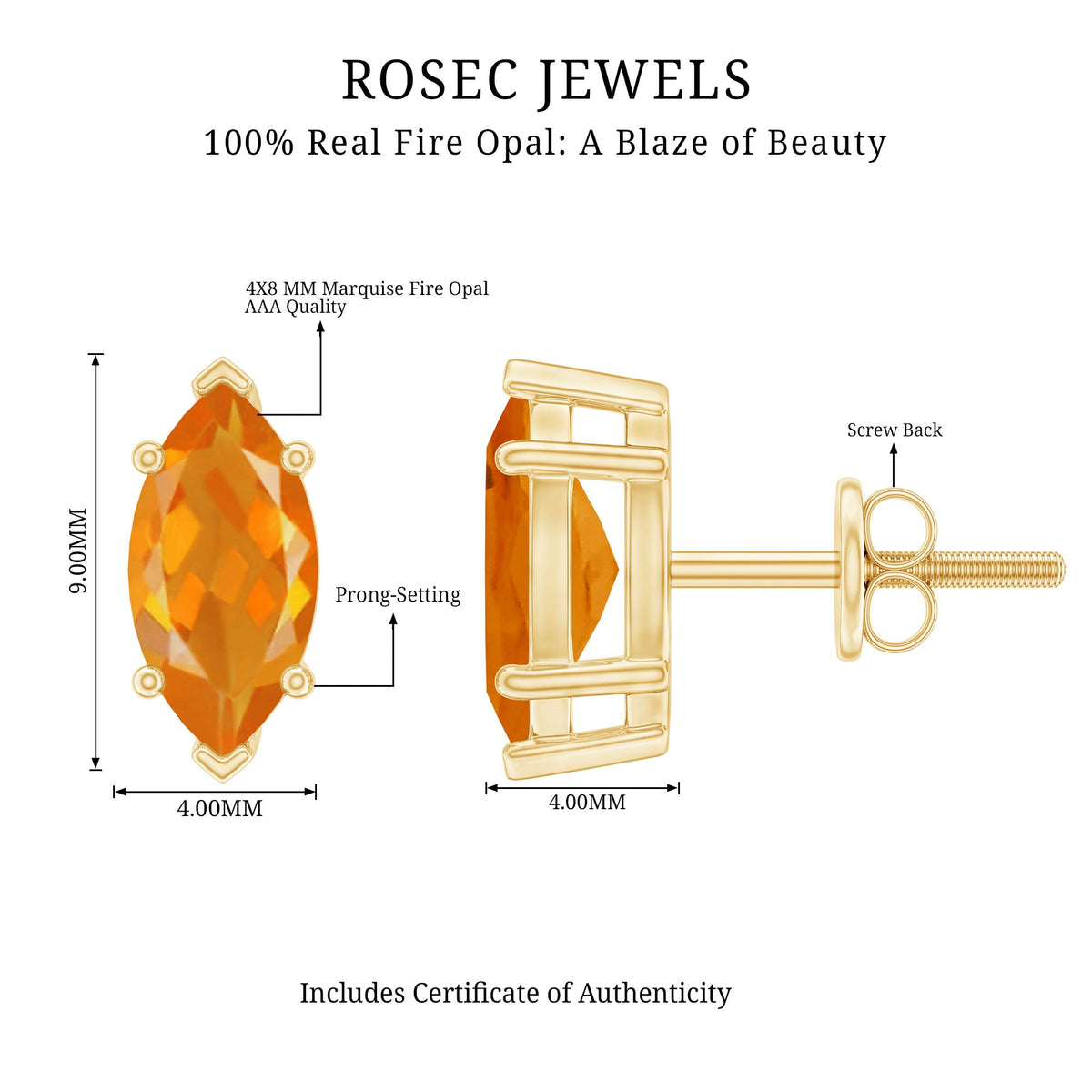 Natural Marquise Fire Opal Stud Earrings with Screw Back