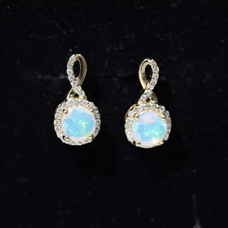 Ethiopian opal and diamond infinity stud earrings by Rosec Jewels featuring sparkling stones and elegant design.