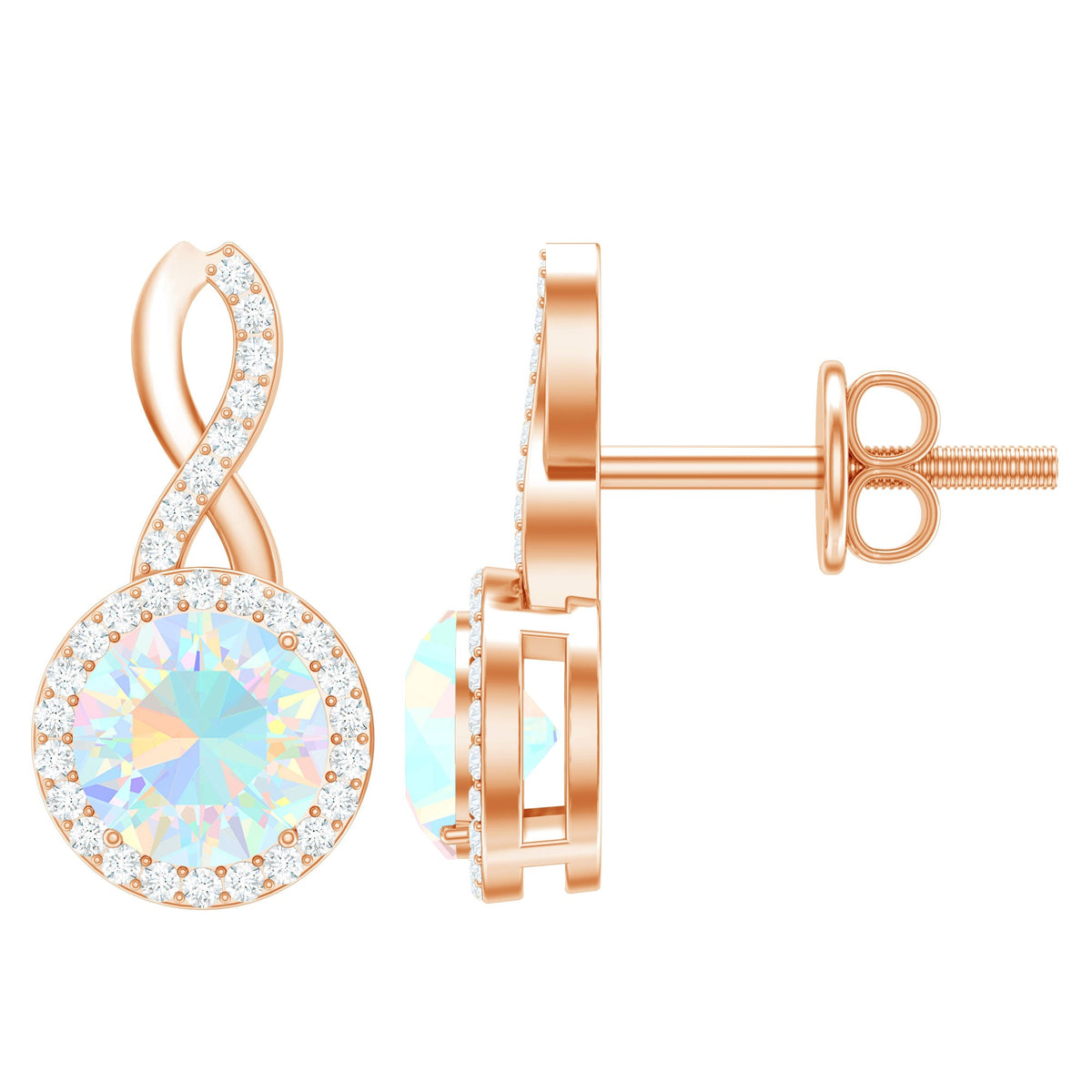 Ethiopian Opal and diamond infinity stud earrings by Rosec Jewels featuring 1 carat opals and sparkling diamonds.