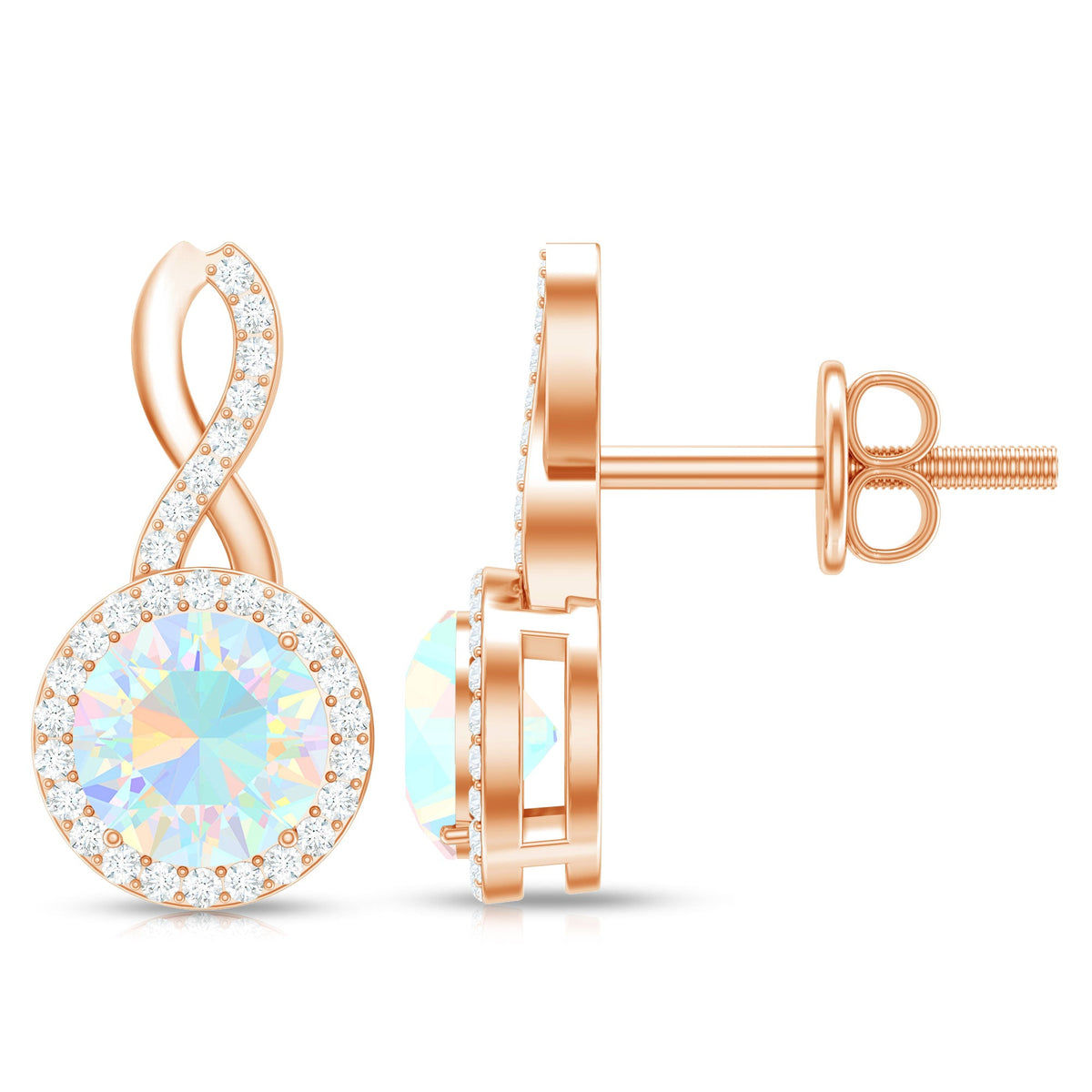 Ethiopian opal and diamond infinity stud earrings by Rosec Jewels featuring 1-carat opals and sparkling diamonds.