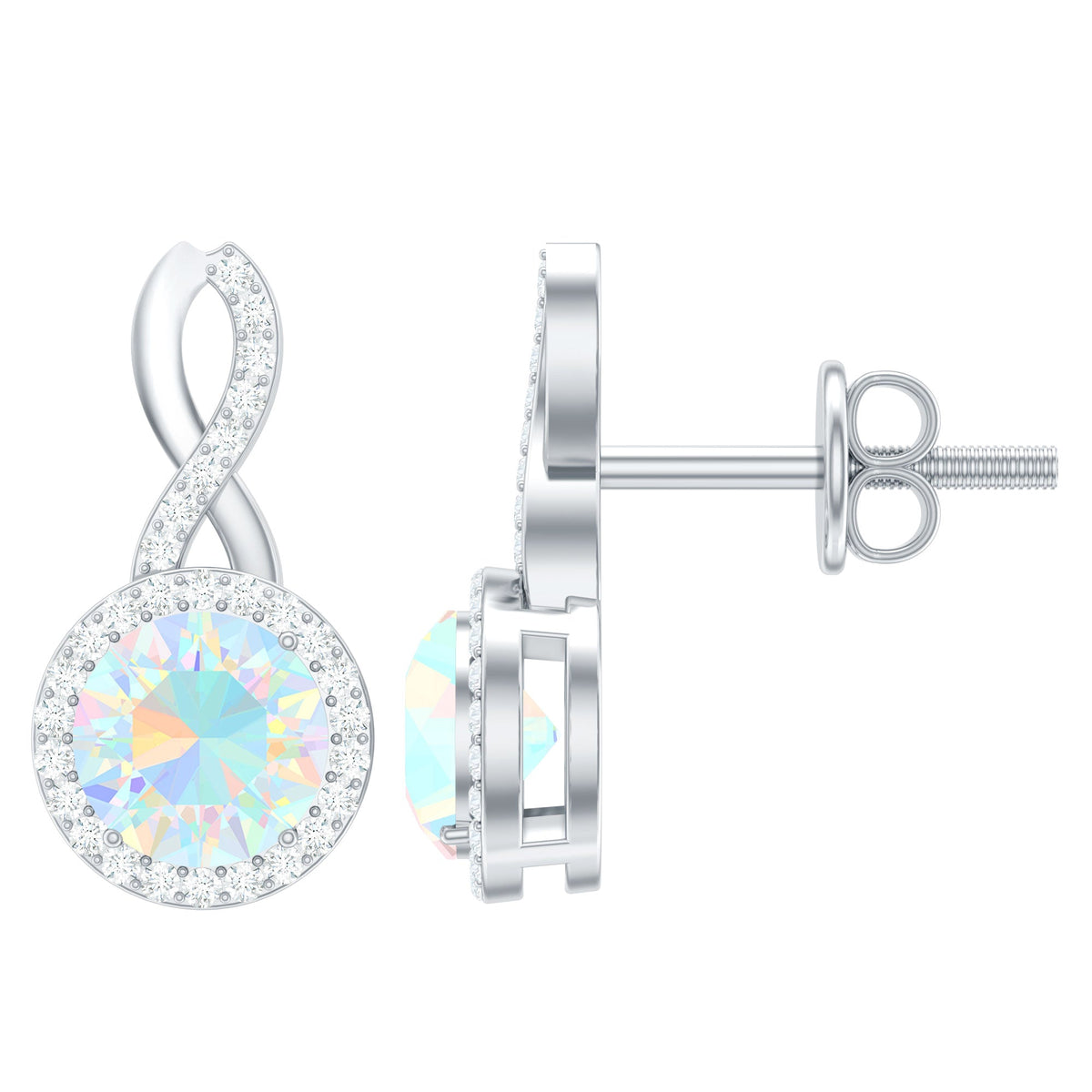 Ethiopian Opal and diamond infinity stud earrings by Rosec Jewels featuring 1-carat opals and sparkling diamonds.