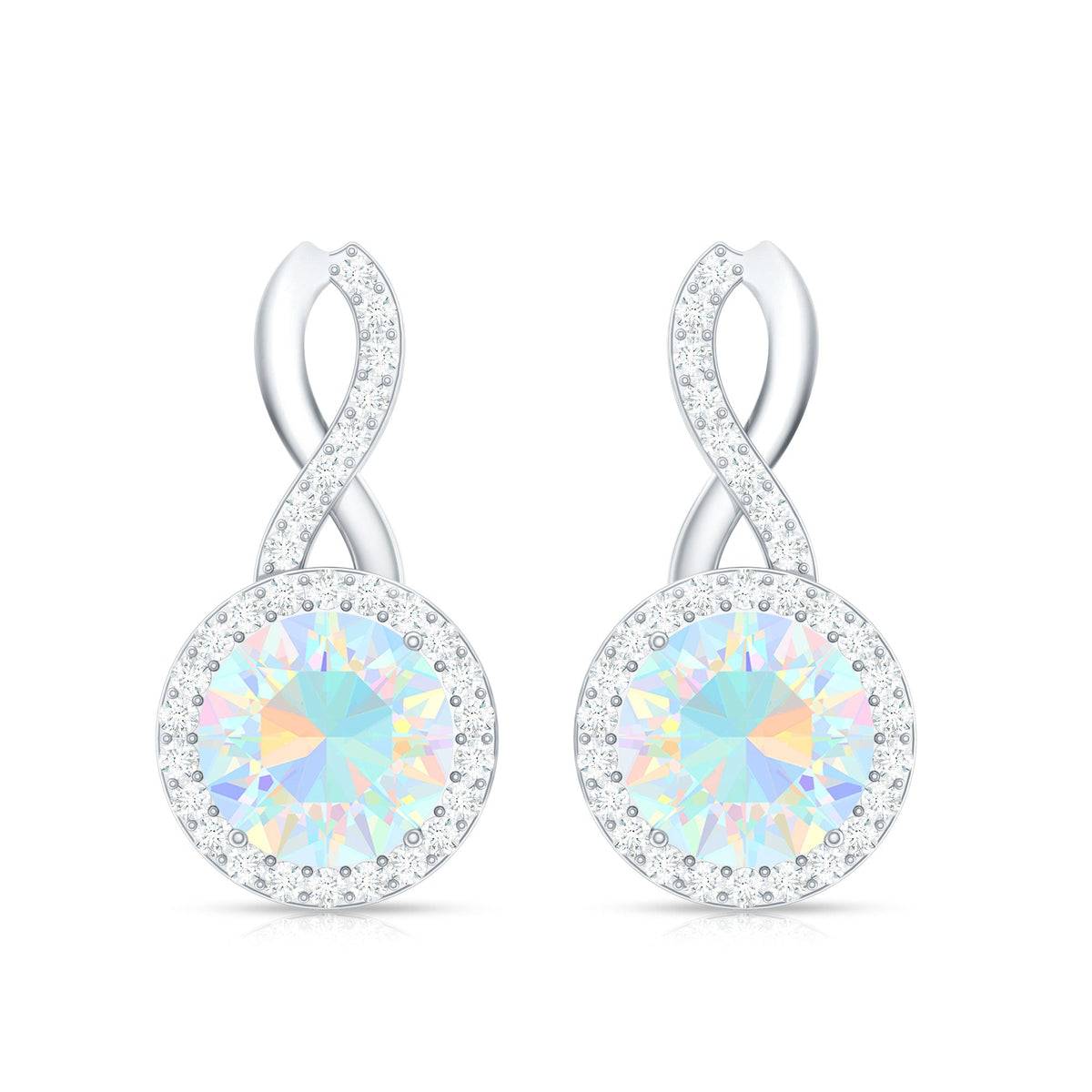 Ethiopian opal and diamond infinity stud earrings by Rosec Jewels featuring 1 carat opal stones and sparkling diamonds.