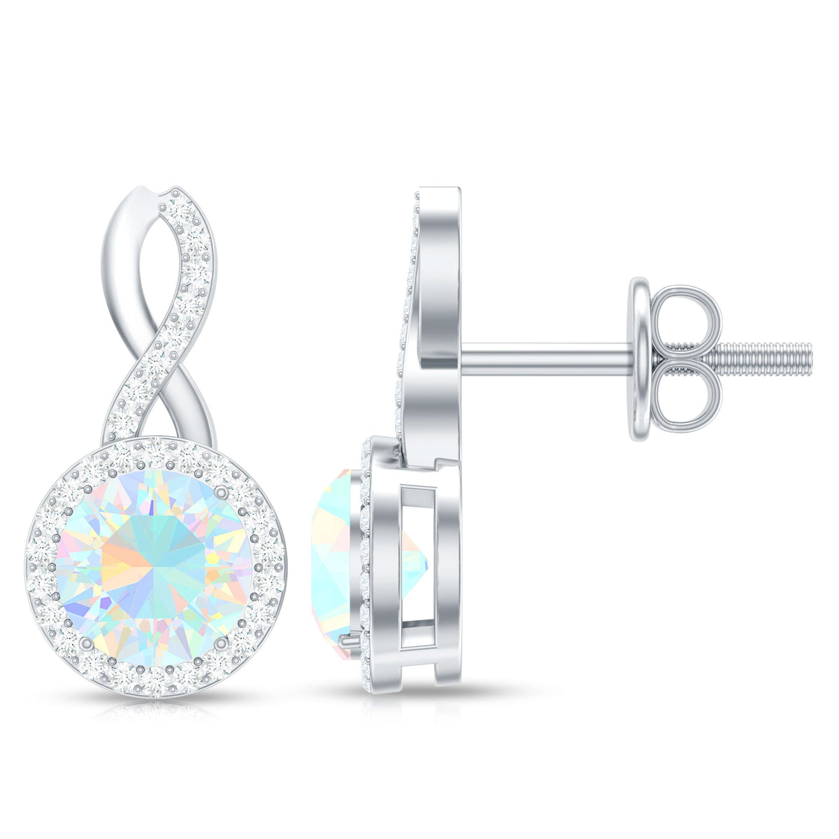 Ethiopian opal and diamond infinity stud earrings by Rosec Jewels, featuring 1 carat opal and sparkling diamonds on a silver setting.