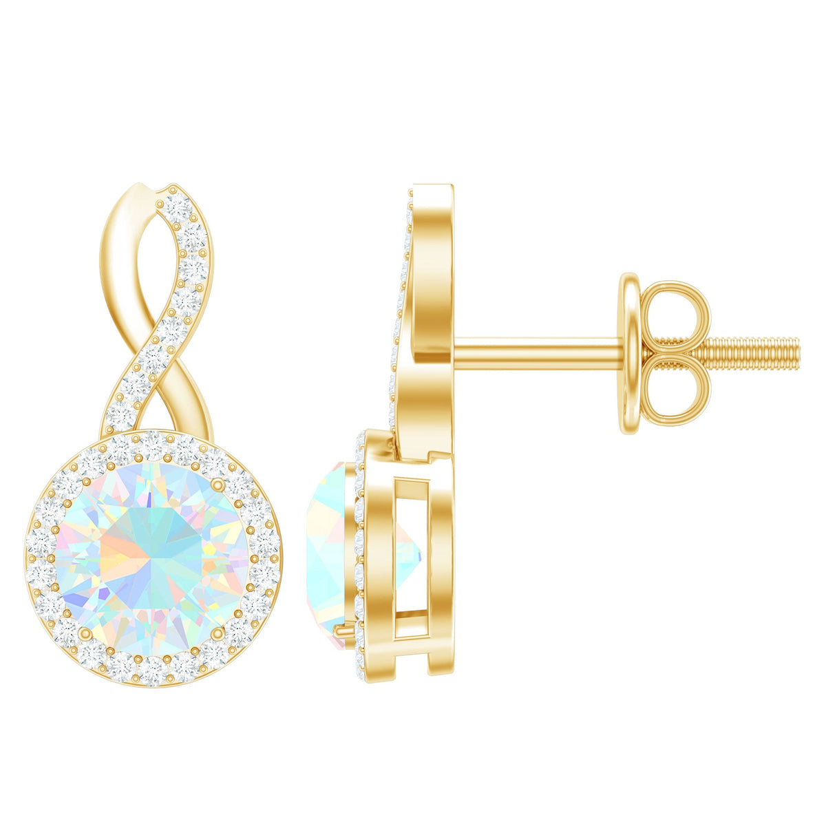 Ethiopian opal and diamond infinity stud earrings by Rosec Jewels featuring 1 carat opals and sparkling diamonds.