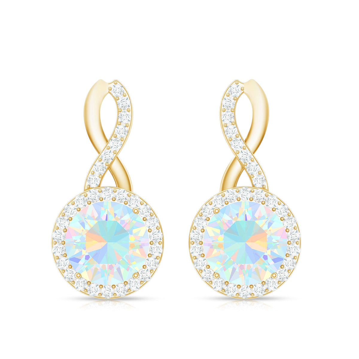 Ethiopian opal and diamond infinity stud earrings by Rosec Jewels featuring 1 carat opals and sparkling diamonds.