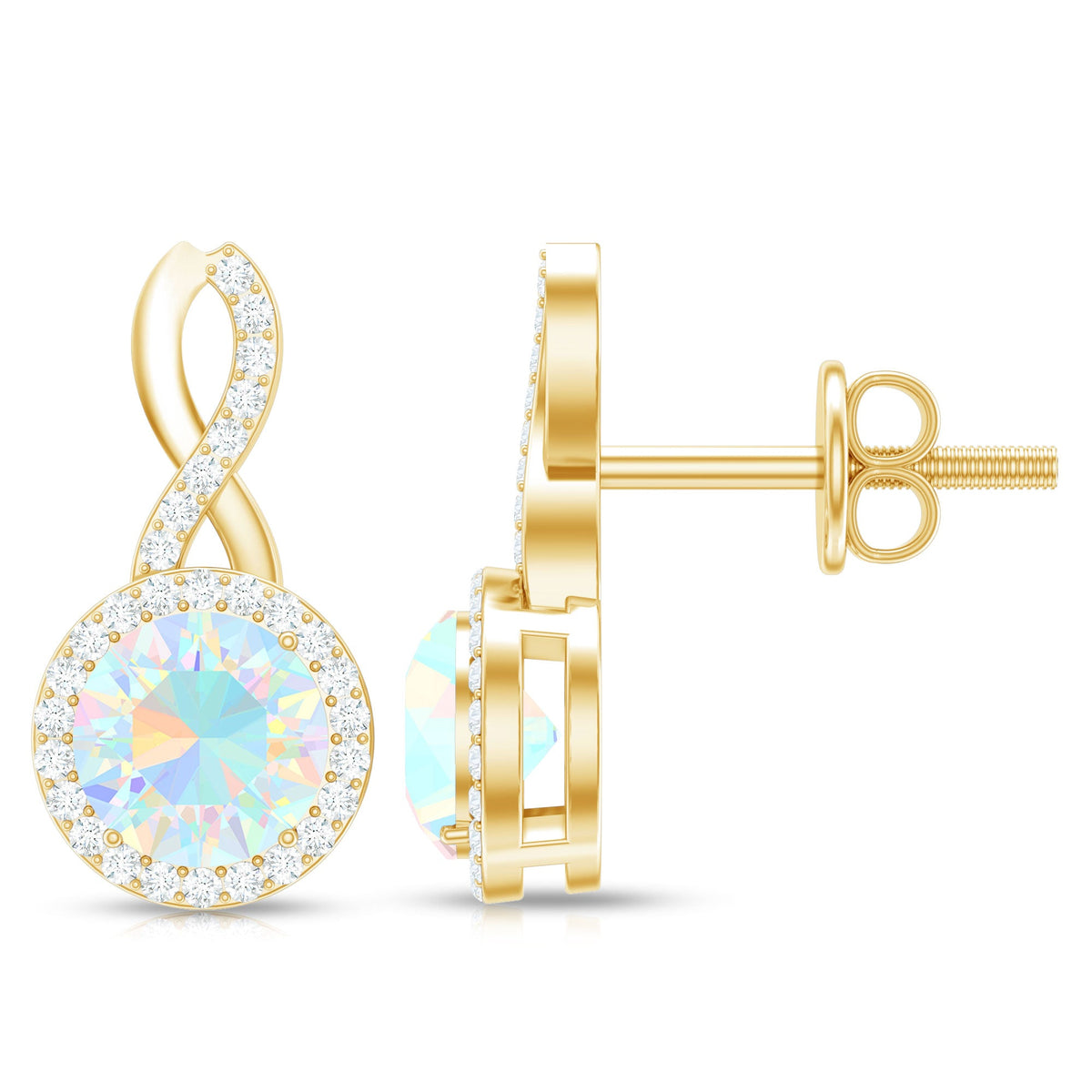 Ethiopian opal and diamond infinity stud earrings by Rosec Jewels featuring 1-carat opal stones and sparkling diamonds.