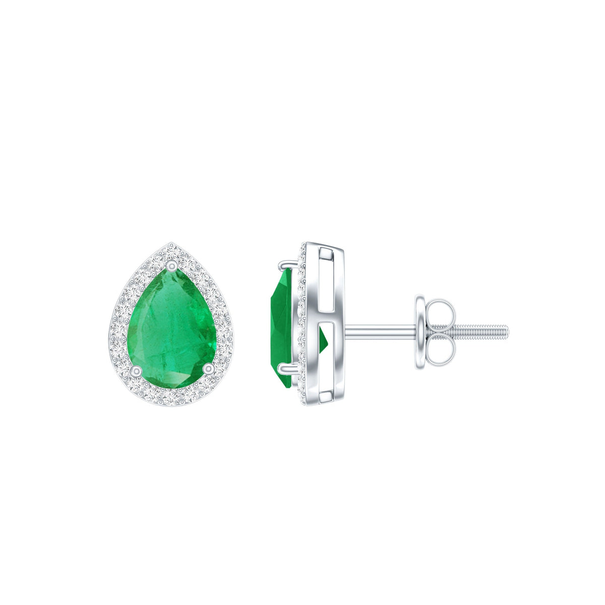 Natural 5X7mm Pear Shape Emerald Stud Earrings with Diamond Halo