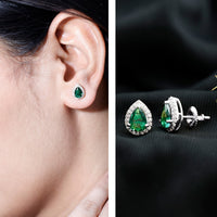 Lab Created Emerald Teardrop Stud Earrings with Diamond Halo
