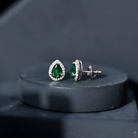 Lab Created Emerald Teardrop Stud Earrings with Diamond Halo