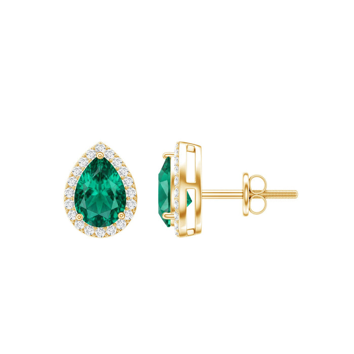 Lab created emerald teardrop stud earrings with diamond halo from Rosec Jewels, featuring elegant green gemstone and sparkling diamond accents.