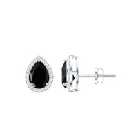 Pear-shaped black onyx and diamond halo stud earrings by Rosec Jewels, showcasing elegant gemstone and sparkling accents.