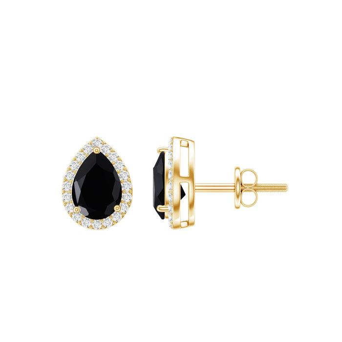 Pear-shaped black onyx and diamond halo stud earrings by Rosec Jewels featuring 2 carat total weight.