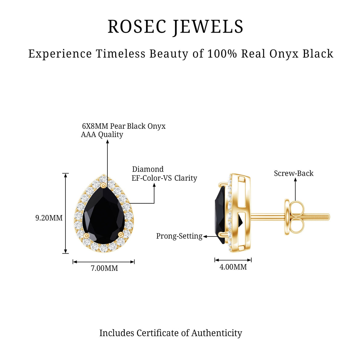 Pear cut black onyx and diamond halo stud earrings by Rosec Jewels featuring 2 carats, elegant and sparkling jewelry.