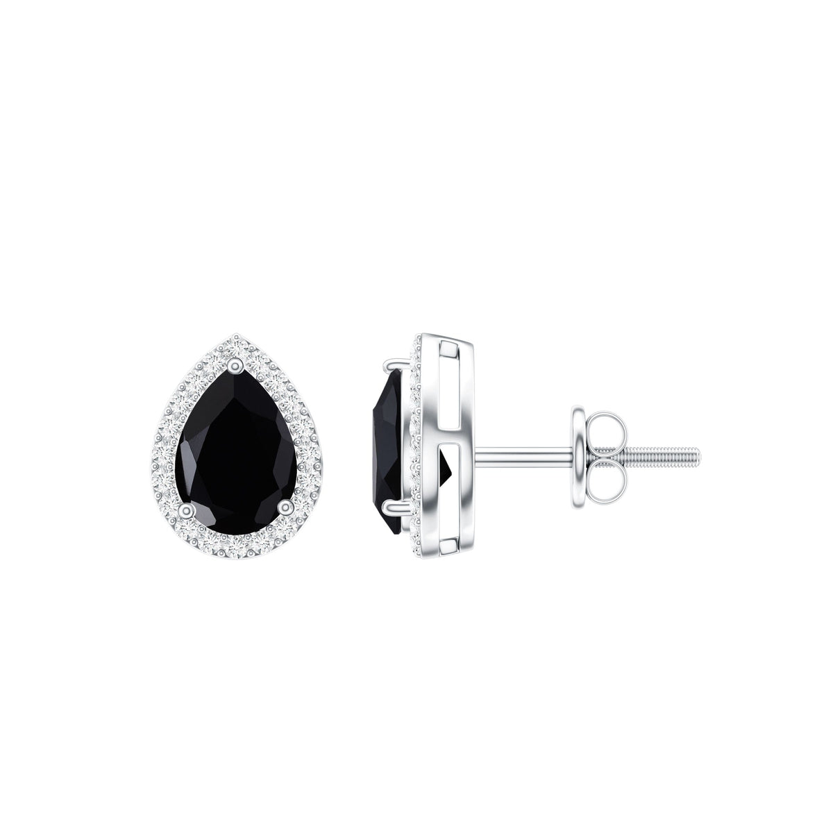 Pear-shaped black spinel earrings with diamond halo, 5x7 mm, set in elegant jewelry design by Rosec Jewels.