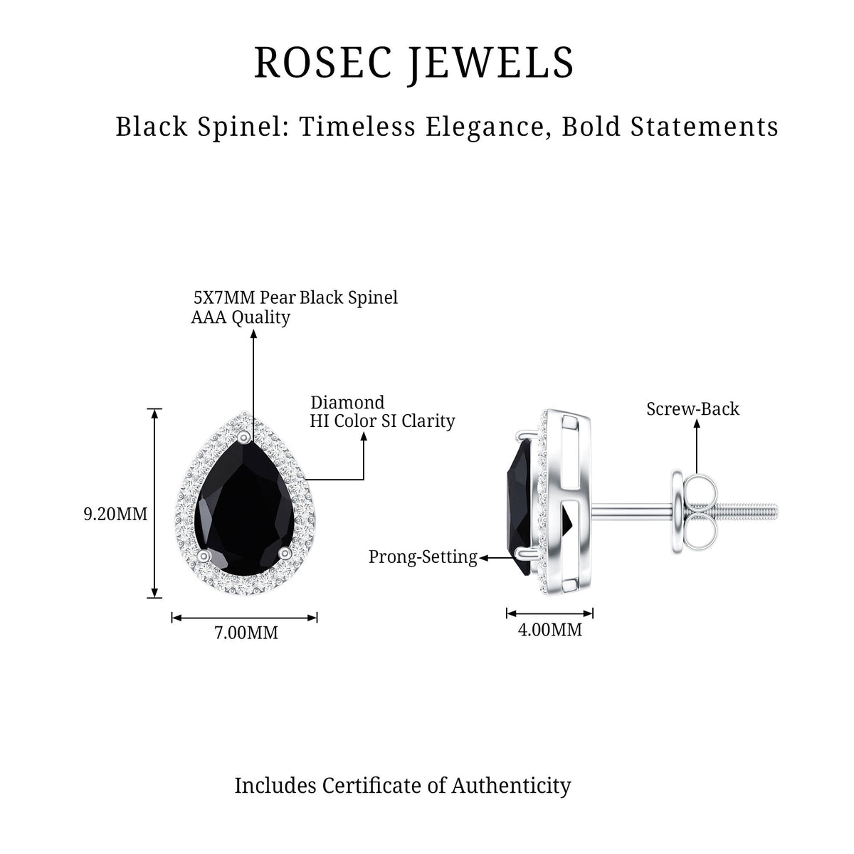 Pear-shaped black spinel earrings with diamond halo, featuring 5x7 mm stones, from Rosec Jewels.