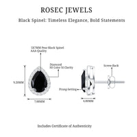 Pear-shaped black spinel earrings with diamond halo, featuring 5x7 mm stones, from Rosec Jewels.