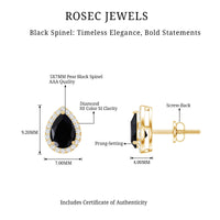 Natural 5x7 mm pear-shaped black spinel earrings with diamond halo by Rosec Jewels, showcasing elegant jewelry design.