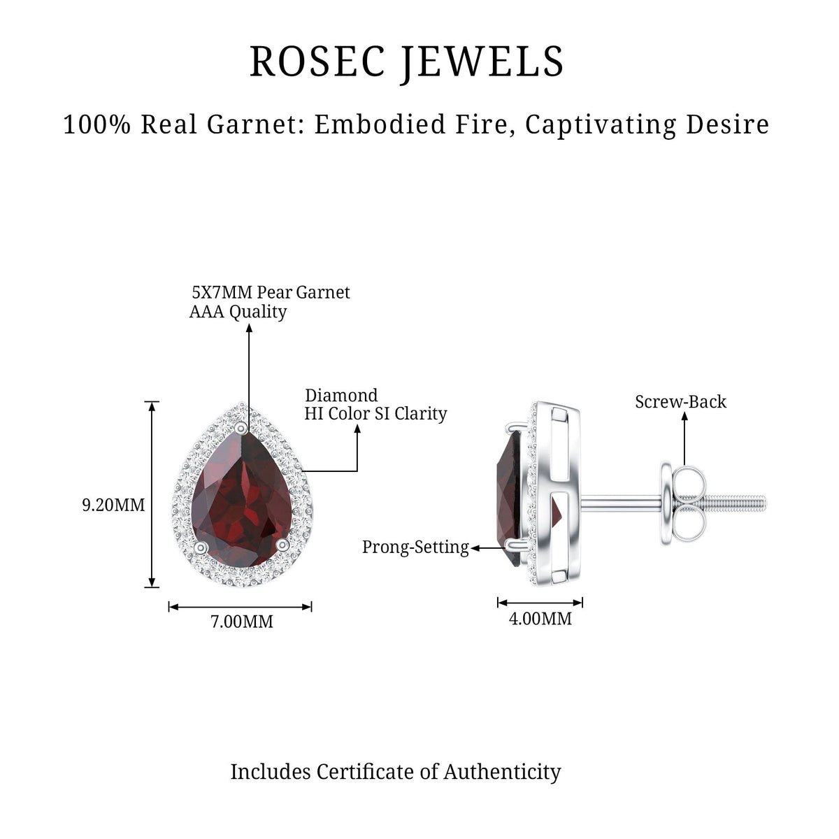 Natural 5x7mm garnet teardrop stud earrings with diamond halo from Rosec Jewels, showcasing sparkling gemstone and elegant design.