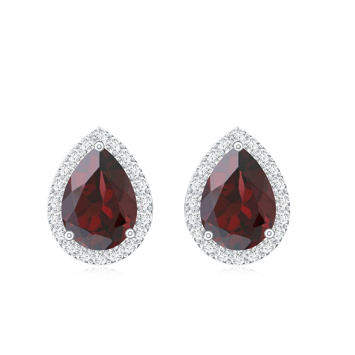 Natural 5x7mm garnet teardrop stud earrings with diamond halo from Rosec Jewels, showcasing sparkling gemstones and elegant design.