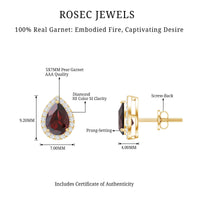 Natural 5x7mm garnet teardrop stud earrings with diamond halo from Rosec Jewels, showcasing sparkling gemstone and elegant design.