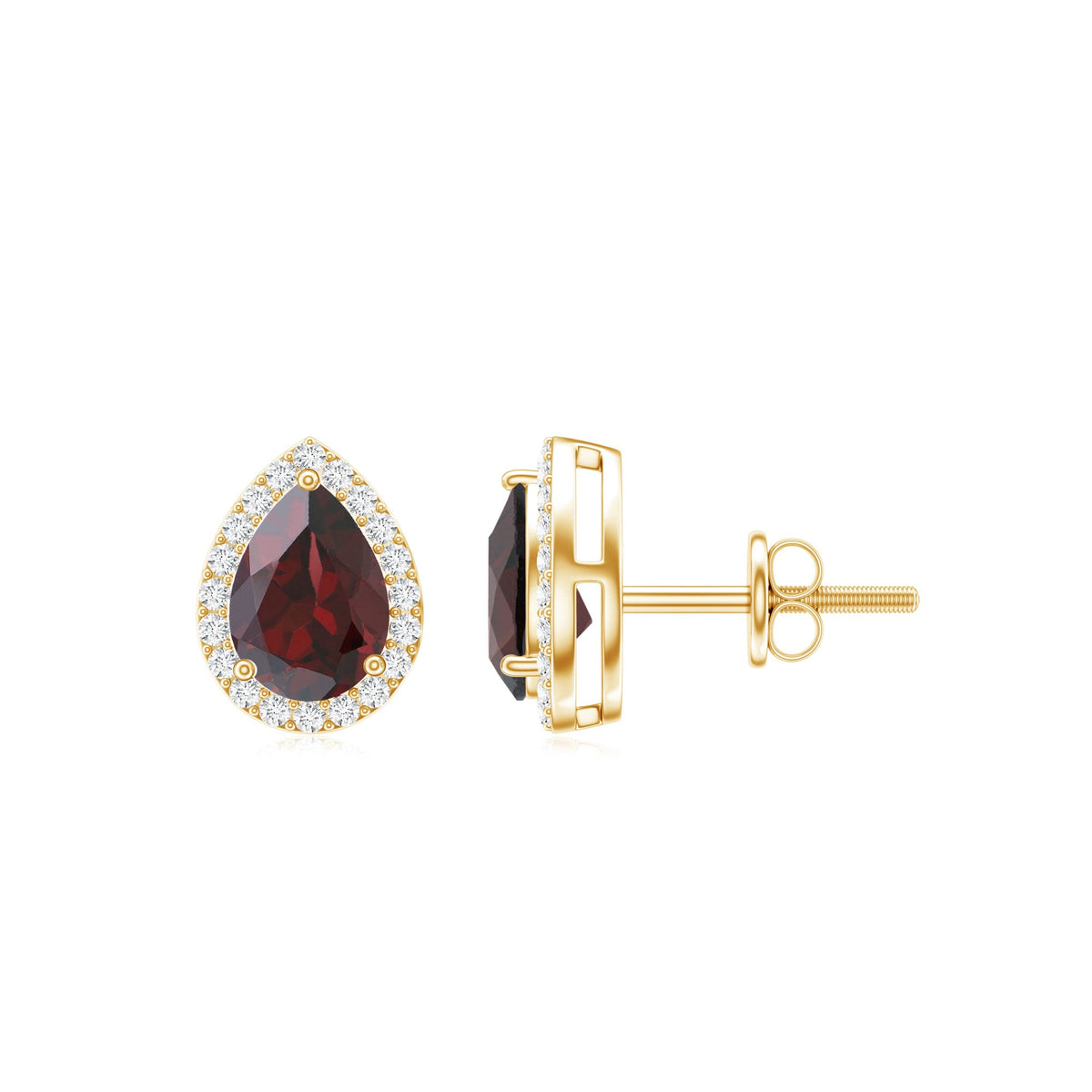 Natural 5x7mm garnet teardrop stud earrings with diamond halo by Rosec Jewels, showcasing elegant red gemstone and sparkling accents.