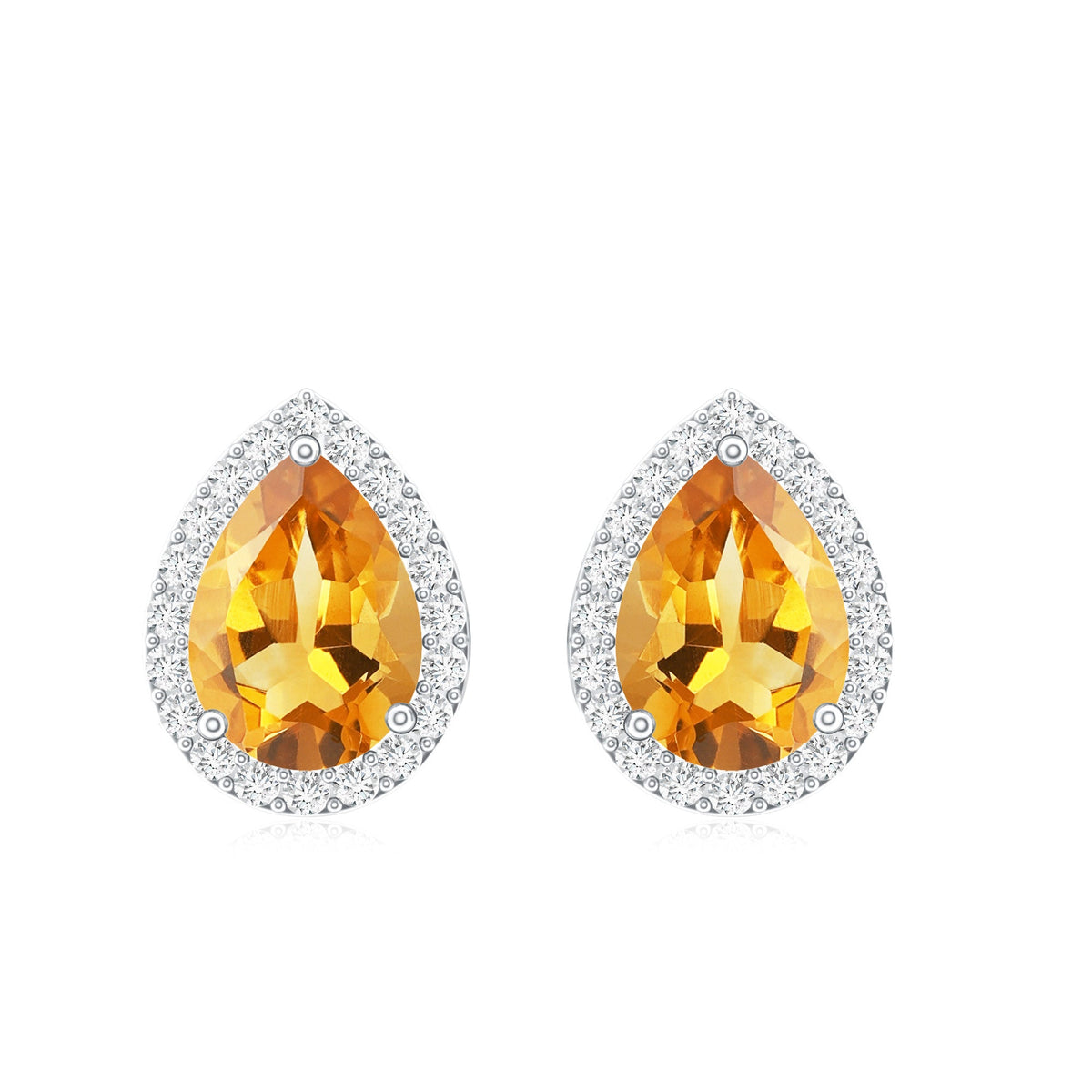 Pear-shaped citrine stud earrings with diamond halo from Rosec Jewels, featuring sparkling gemstones and elegant craftsmanship.