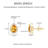 Pear-shaped citrine stud earrings with diamond halo from Rosec Jewels featuring a certified real gemstone design.