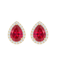Lab Created Ruby Teardrop Stud Earrings with Diamond Halo