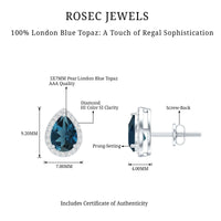 London Blue Topaz teardrop stud earrings with diamond halo by Rosec Jewels, featuring sparkling blue gemstones and elegant design.
