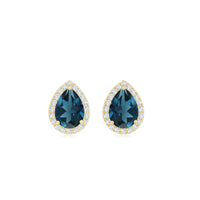 London Blue Topaz teardrop stud earrings with diamond halo, featuring Rosec Jewels' elegant jewelry design.