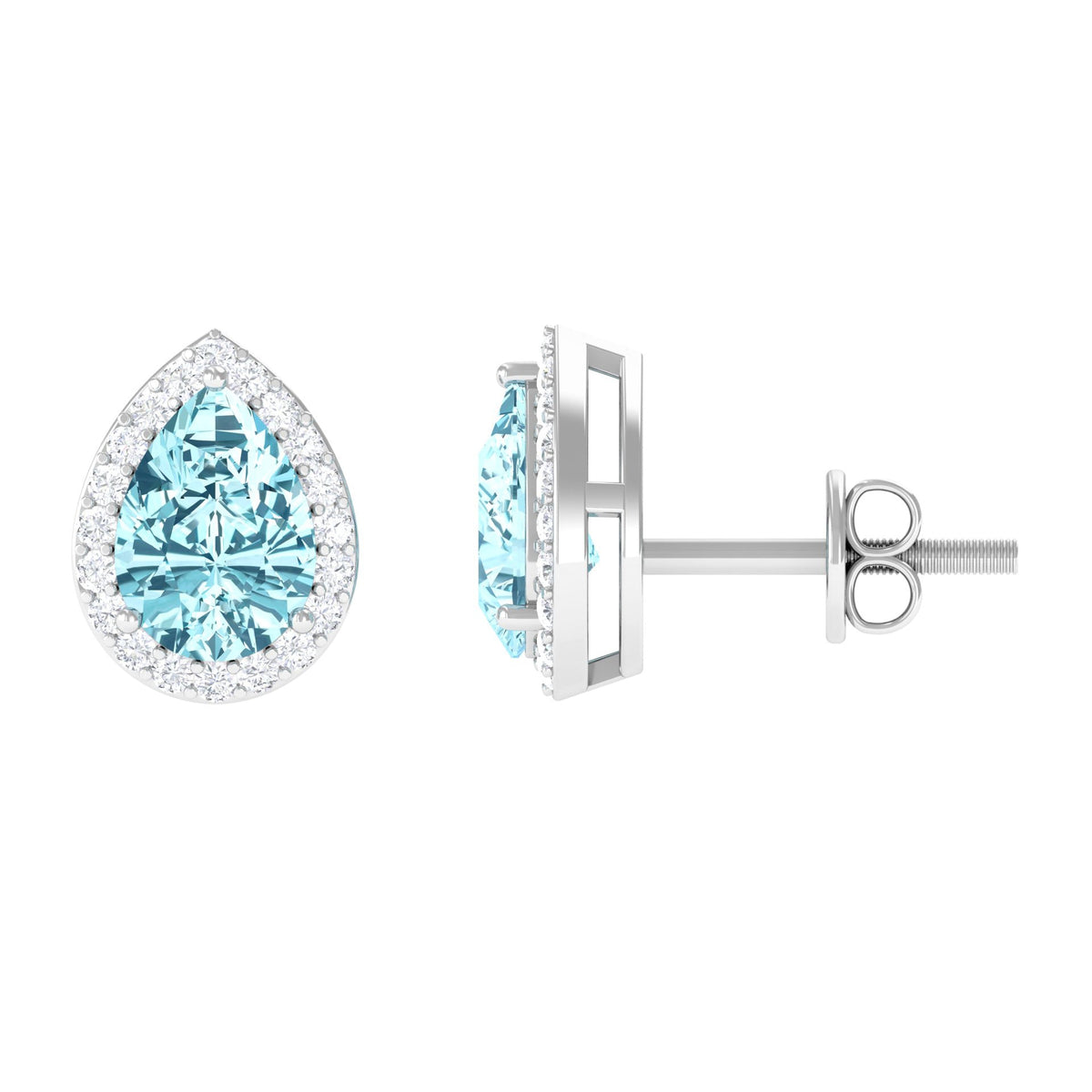 Pear-shaped aquamarine stud earrings with diamond halo from Rosec Jewels, featuring natural blue gemstone and sparkling diamond accents.