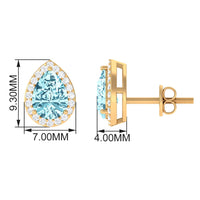 Natural pear-shaped aquamarine stud earrings with diamond halo by Rosec Jewels, featuring a delicate and elegant design.