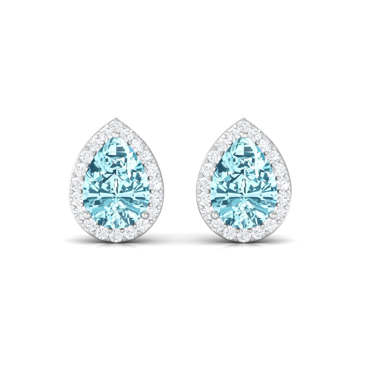Pear-shaped aquamarine stud earrings with diamond halo, natural gemstone jewelry by Rosec Jewels