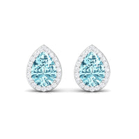 Pear-shaped aquamarine stud earrings with diamond halo, natural gemstone jewelry by Rosec Jewels