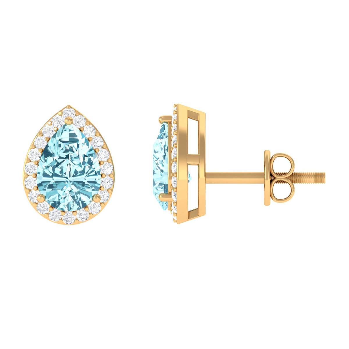 Pear-shaped aquamarine stud earrings with diamond halo from Rosec Jewels, showcasing elegant blue gemstones and sparkling diamond accents.