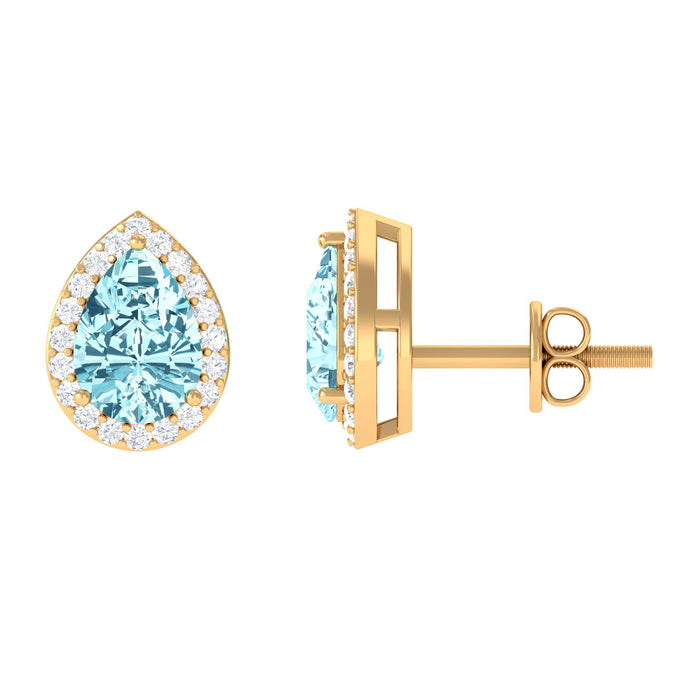Pear-shaped aquamarine stud earrings with diamond halo from Rosec Jewels, showcasing elegant blue gemstones and sparkling diamond accents.