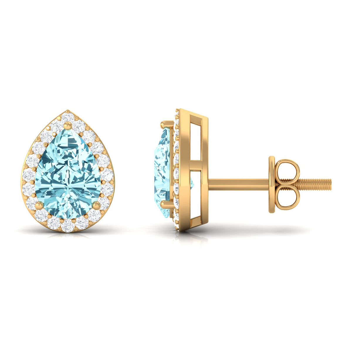Pear-shaped aquamarine stud earrings with diamond halo from Rosec Jewels, showcasing elegant gemstone and sparkling diamond accents.