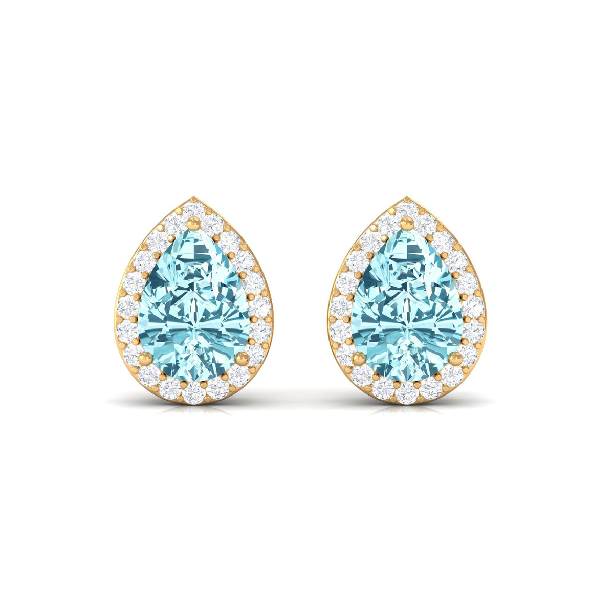 Pear-shaped aquamarine stud earrings with diamond halo from Rosec Jewels, showcasing elegant blue gemstones and sparkling accents.