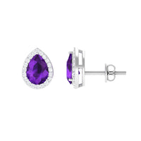 Pear-shaped amethyst teardrop earrings with diamond halo, featuring elegant design and sparkling gemstones by Rosec Jewels.