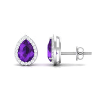 Pear-shaped amethyst teardrop earrings with diamond halo, elegant jewelry piece by Rosec Jewels.