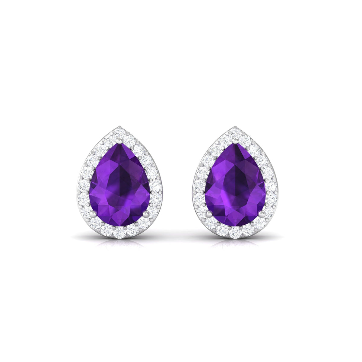 Pear-shaped amethyst teardrop earrings with diamond halo, elegant jewelry piece by Rosec Jewels featuring vibrant purple gemstones.